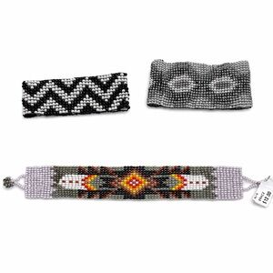 Boho Beaded Bracelet Set of 3- Black White Chevron Gray Circle Southwest Pattern